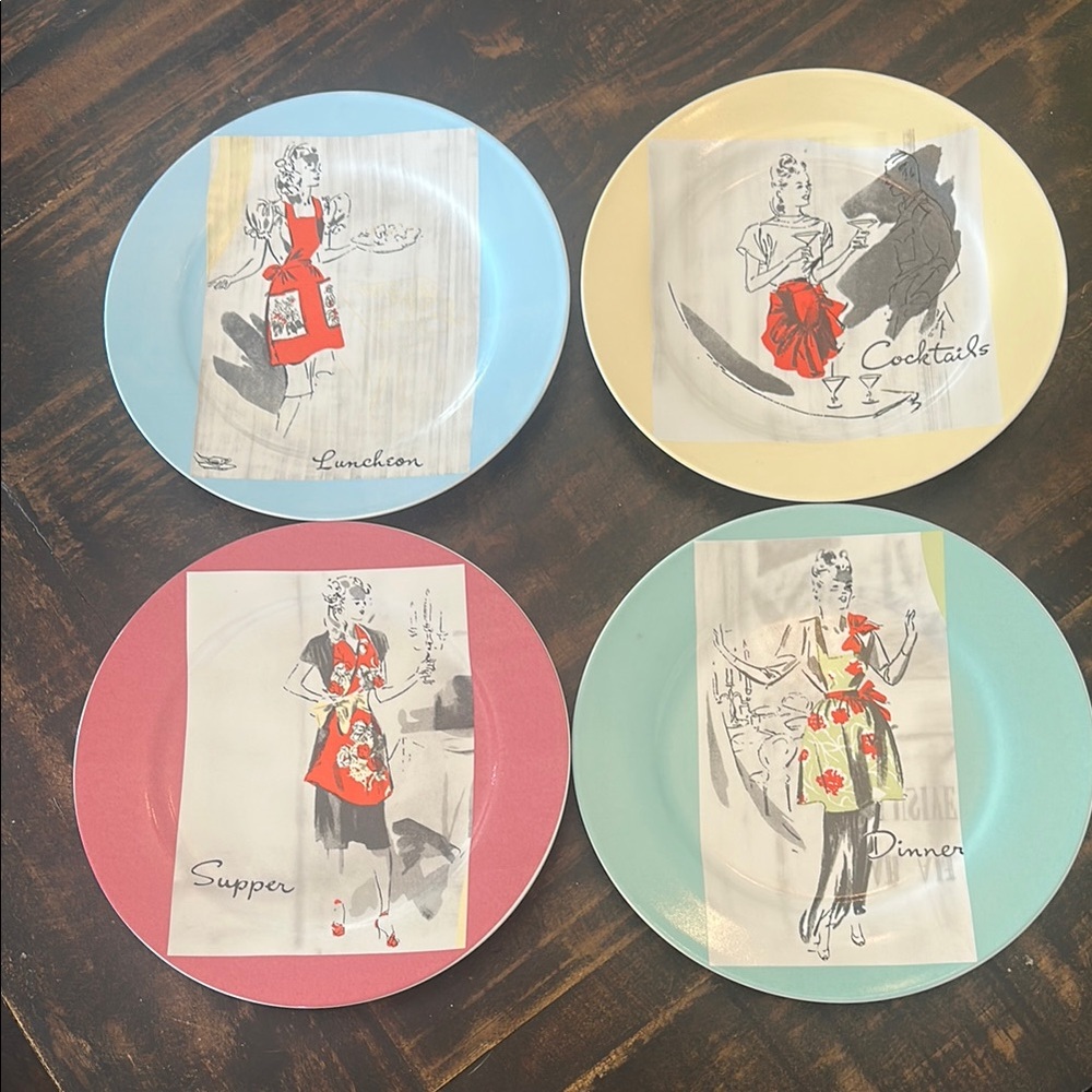 Set of 4- Vintage Blue and Yellow Dinnerware Set with Illustrations